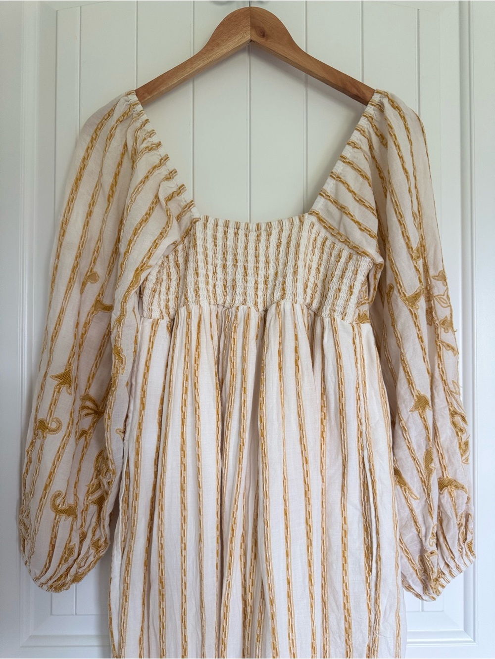 Anthropologie Embroidered Sweetheart Maxi Dress Ivory Gold Boho Balloon Sleeve S - Picture 8 of 14